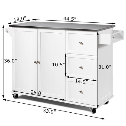 Kitchen Island with Stainless Steel Countertop 2-Door Cabinet and Drawers for Storage - White