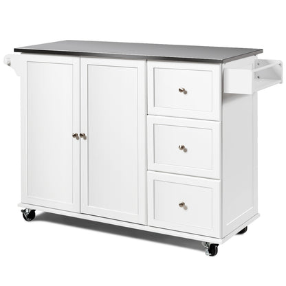 Kitchen Island with Stainless Steel Countertop 2-Door Cabinet and Drawers for Storage - White
