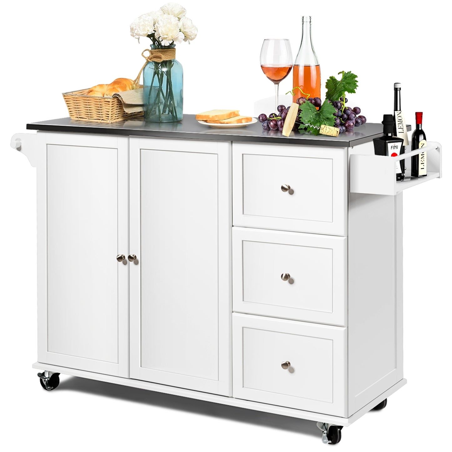 Kitchen Island with Stainless Steel Countertop 2-Door Cabinet and Drawers for Storage - White