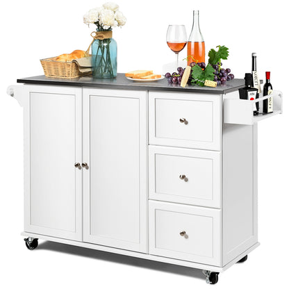Kitchen Island with Stainless Steel Countertop 2-Door Cabinet and Drawers for Storage - White