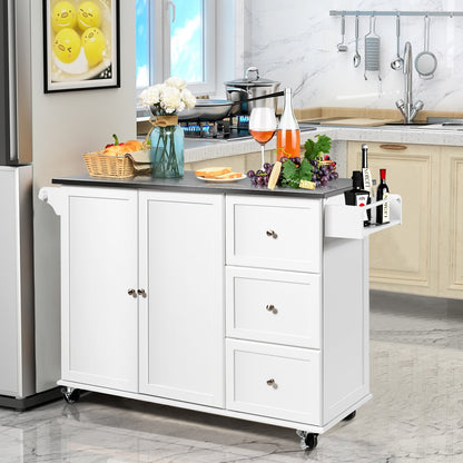 Kitchen Island with Stainless Steel Countertop 2-Door Cabinet and Drawers for Storage - White
