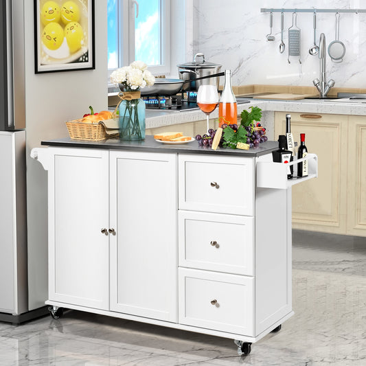 Kitchen Island with Stainless Steel Countertop 2-Door Cabinet and Drawers for Storage - White
