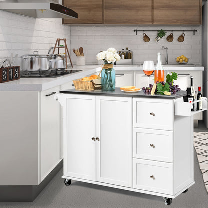 Kitchen Island with Stainless Steel Countertop 2-Door Cabinet and Drawers for Storage - White
