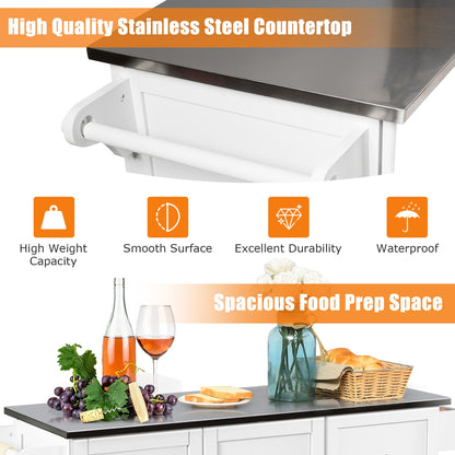 Kitchen Island with Stainless Steel Countertop 2-Door Cabinet and Drawers for Storage - White