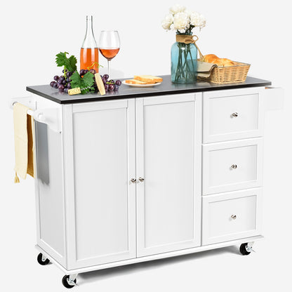 Kitchen Island with Stainless Steel Countertop 2-Door Cabinet and Drawers for Storage - White