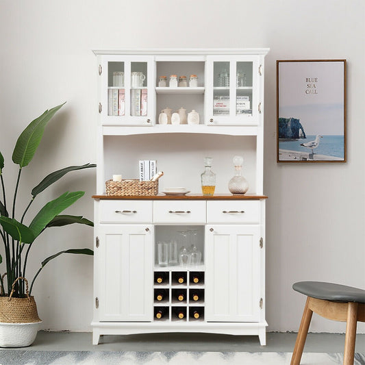 Modern Buffet Hutch with Glass Doors Wine Rack and Storage Drawers for Kitchen or Dining Room - White