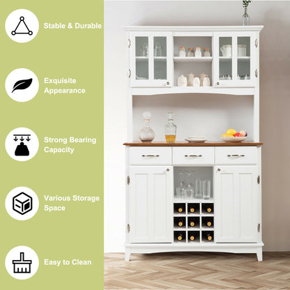 Modern Buffet Hutch with Glass Doors Wine Rack and Storage Drawers for Kitchen or Dining Room - White