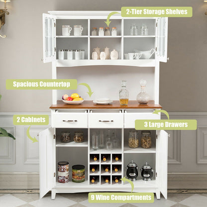 Modern Buffet Hutch with Glass Doors Wine Rack and Storage Drawers for Kitchen or Dining Room - White