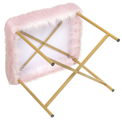 Elegant Ottoman with Gold Metal Legs and Faux Fur Upholstery - Pink