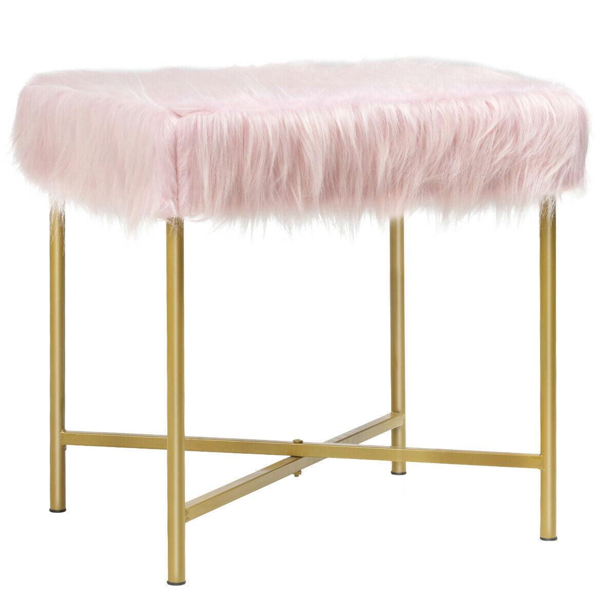 Elegant Ottoman with Gold Metal Legs and Faux Fur Upholstery - Pink
