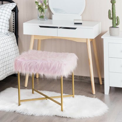 Elegant Ottoman with Gold Metal Legs and Faux Fur Upholstery - Pink
