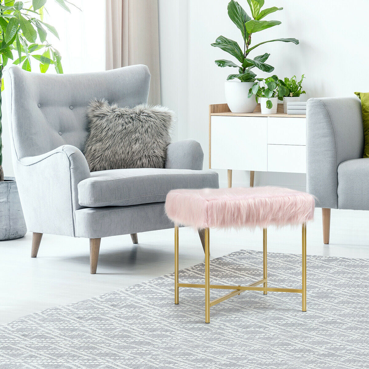 Elegant Ottoman with Gold Metal Legs and Faux Fur Upholstery - Pink