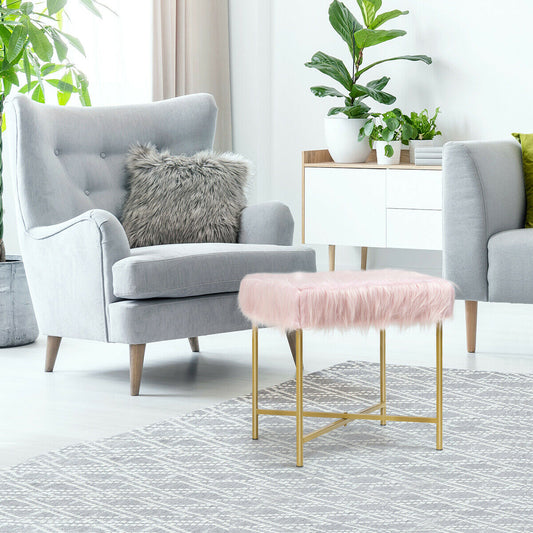 Elegant Ottoman with Gold Metal Legs and Faux Fur Upholstery - Pink