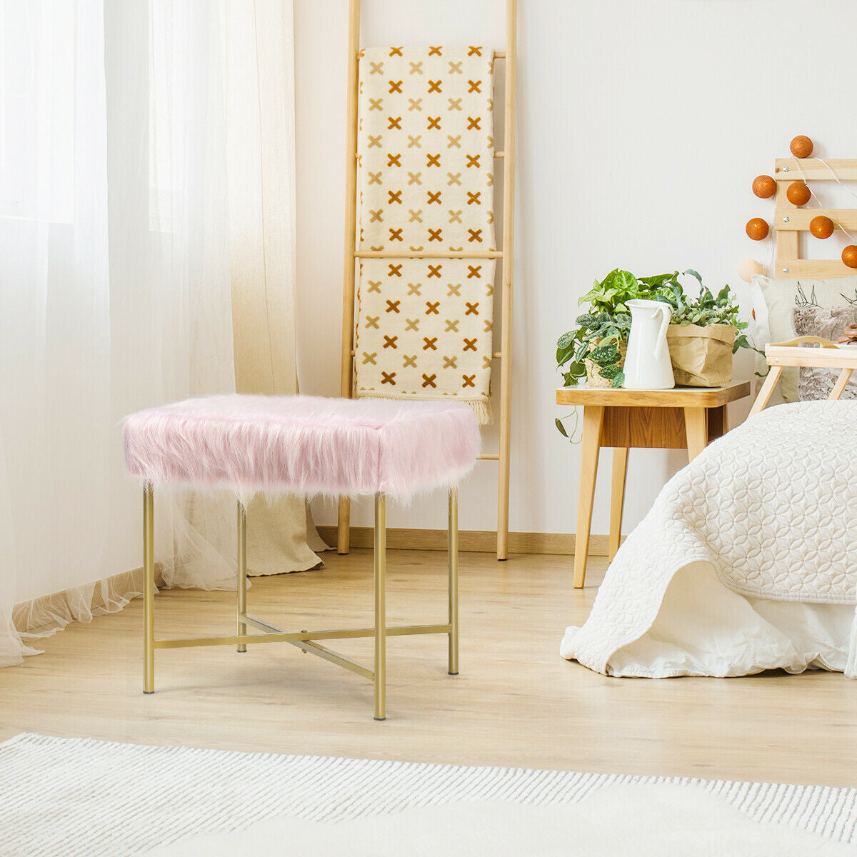 Elegant Ottoman with Gold Metal Legs and Faux Fur Upholstery - Pink