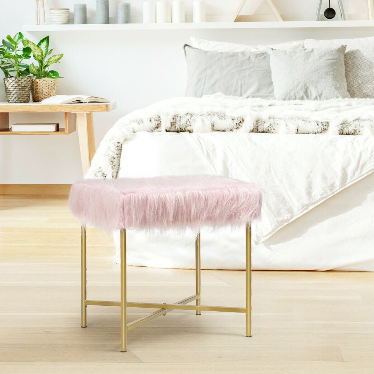 Elegant Ottoman with Gold Metal Legs and Faux Fur Upholstery - Pink