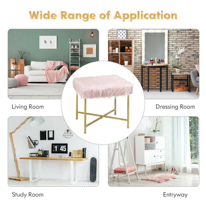 Elegant Ottoman with Gold Metal Legs and Faux Fur Upholstery - Pink