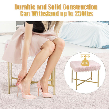 Elegant Ottoman with Gold Metal Legs and Faux Fur Upholstery - Pink