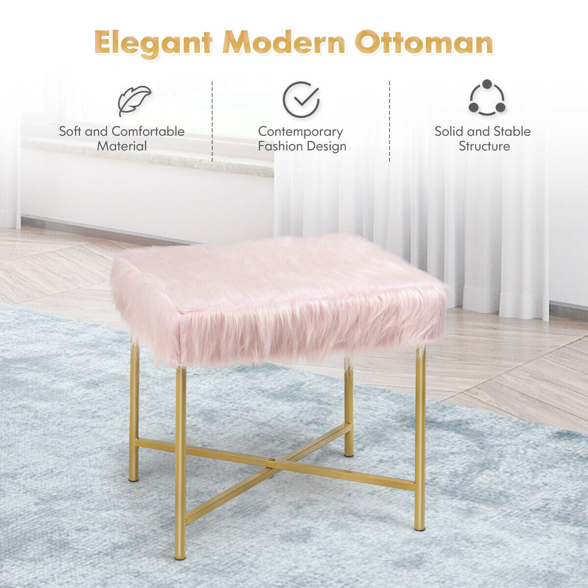 Elegant Ottoman with Gold Metal Legs and Faux Fur Upholstery - Pink