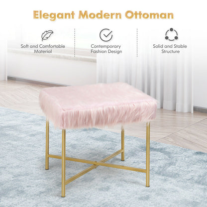 Elegant Ottoman with Gold Metal Legs and Faux Fur Upholstery - Pink