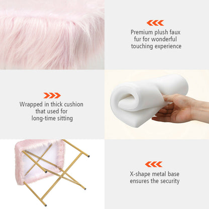 Elegant Ottoman with Gold Metal Legs and Faux Fur Upholstery - Pink
