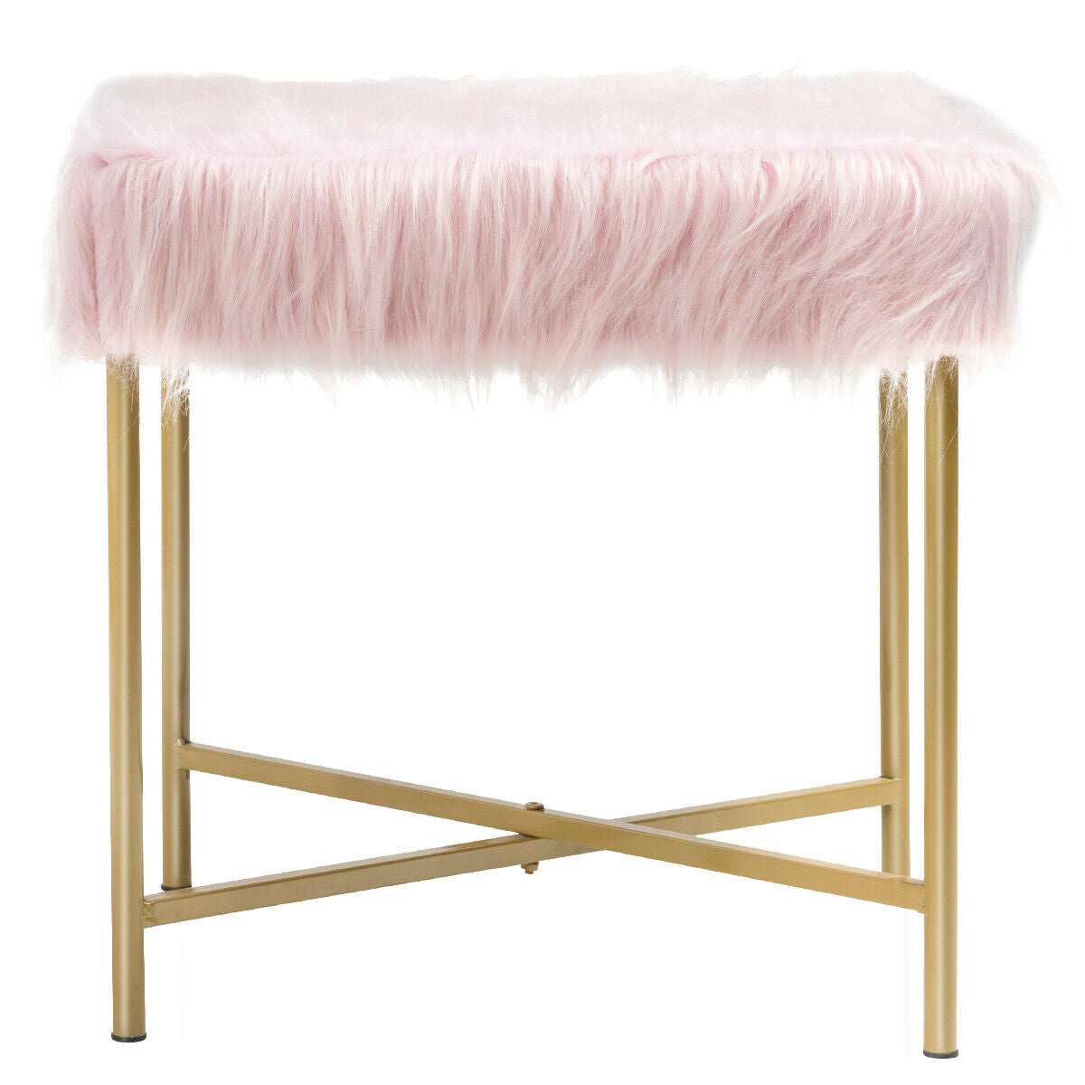Elegant Ottoman with Gold Metal Legs and Faux Fur Upholstery - Pink