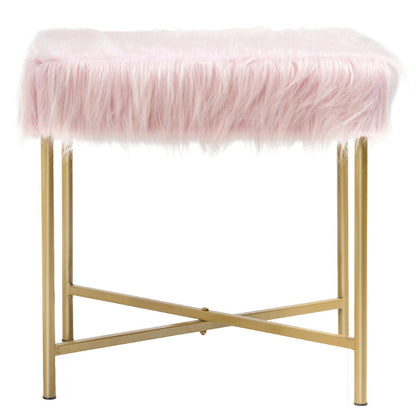 Elegant Ottoman with Gold Metal Legs and Faux Fur Upholstery - Pink