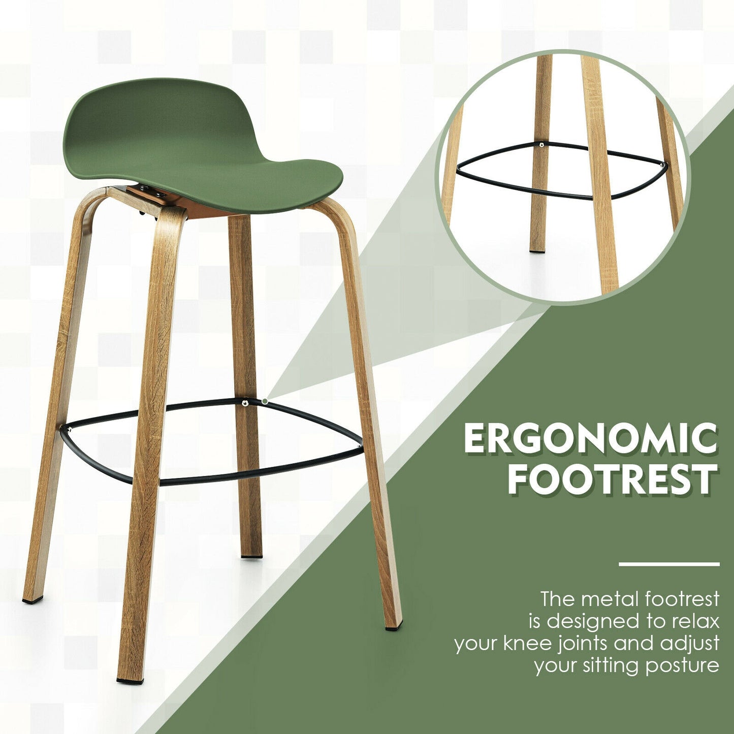 2 Pieces Contemporary Barstools with Low Back and Metal Legs Pub Chairs - Green