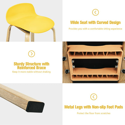 2 Pieces Contemporary Barstools with Low Back and Metal Legs Pub Chairs - Yellow