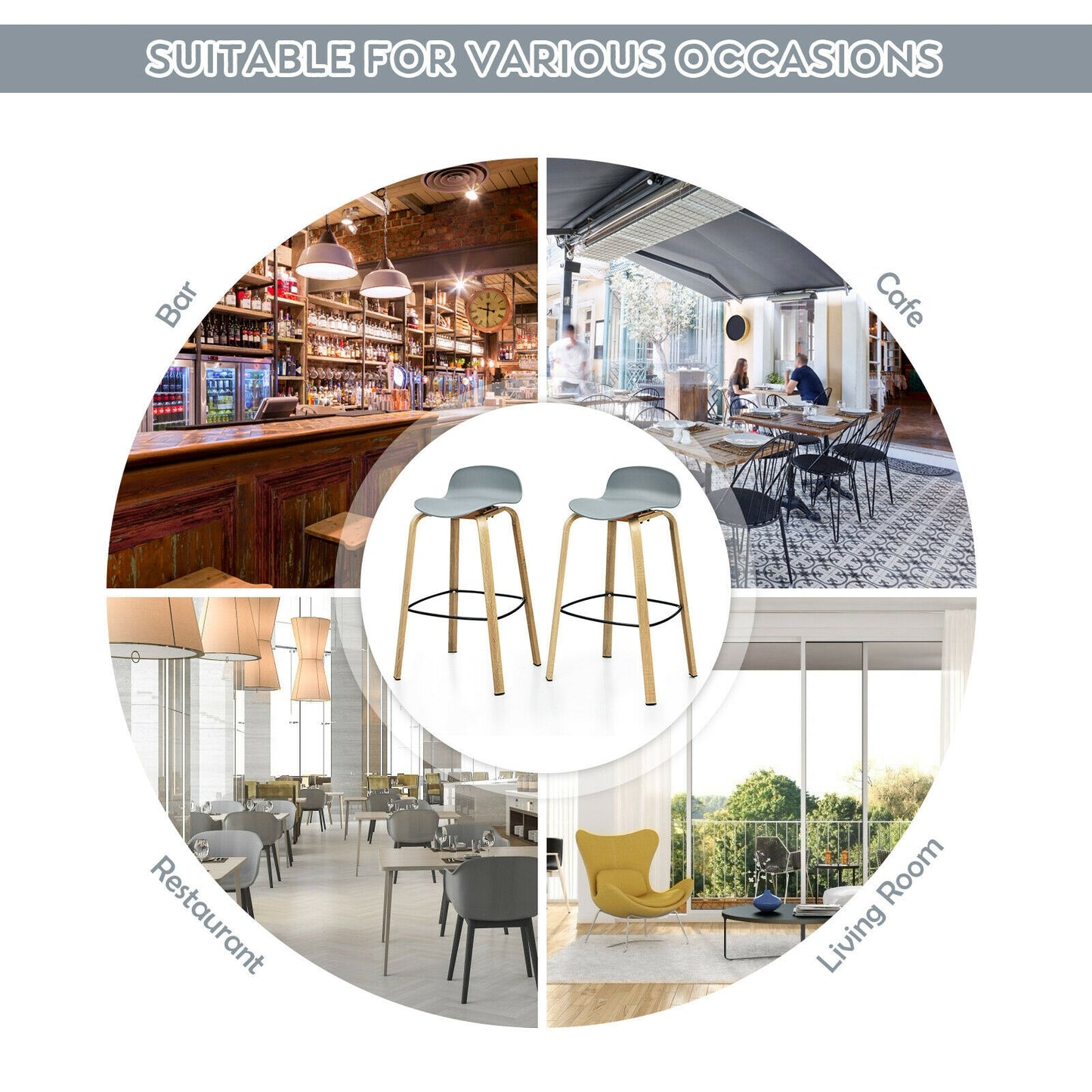 2 Pieces Contemporary Barstools with Low Back and Metal Legs Pub Chairs - Grey