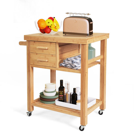 Natural Bamboo Kitchen Island Cart with Storage Shelves Drawers and Towel Rack