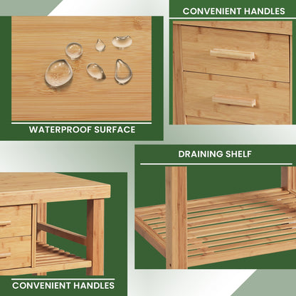 Natural Bamboo Kitchen Island Cart with Storage Shelves Drawers and Towel Rack