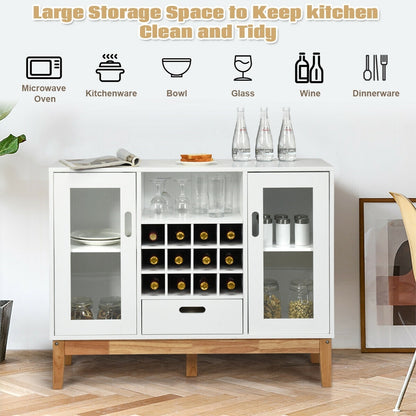 Wood Buffet Sideboard with Wine Rack Glass Door Cabinets Drawer and Open Shelf