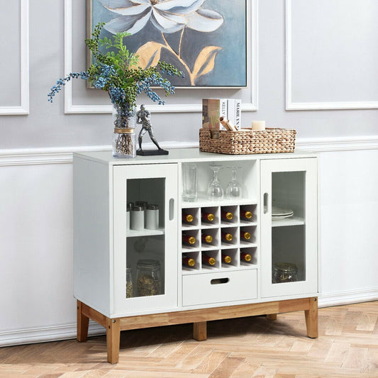 Wood Buffet Sideboard with Wine Rack Glass Door Cabinets Drawer and Open Shelf