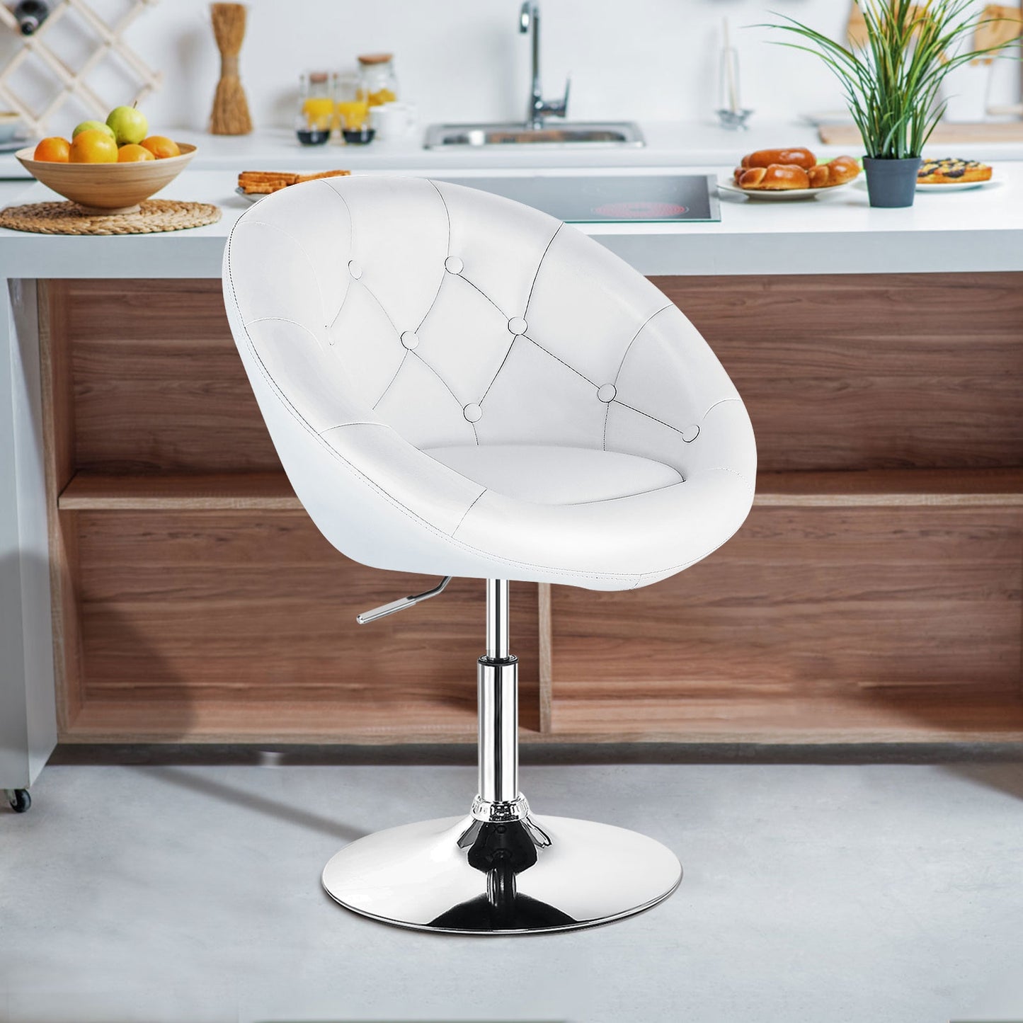 Adjustable Swivel Bar Stool with Round Tufted Back and Chrome Base – White