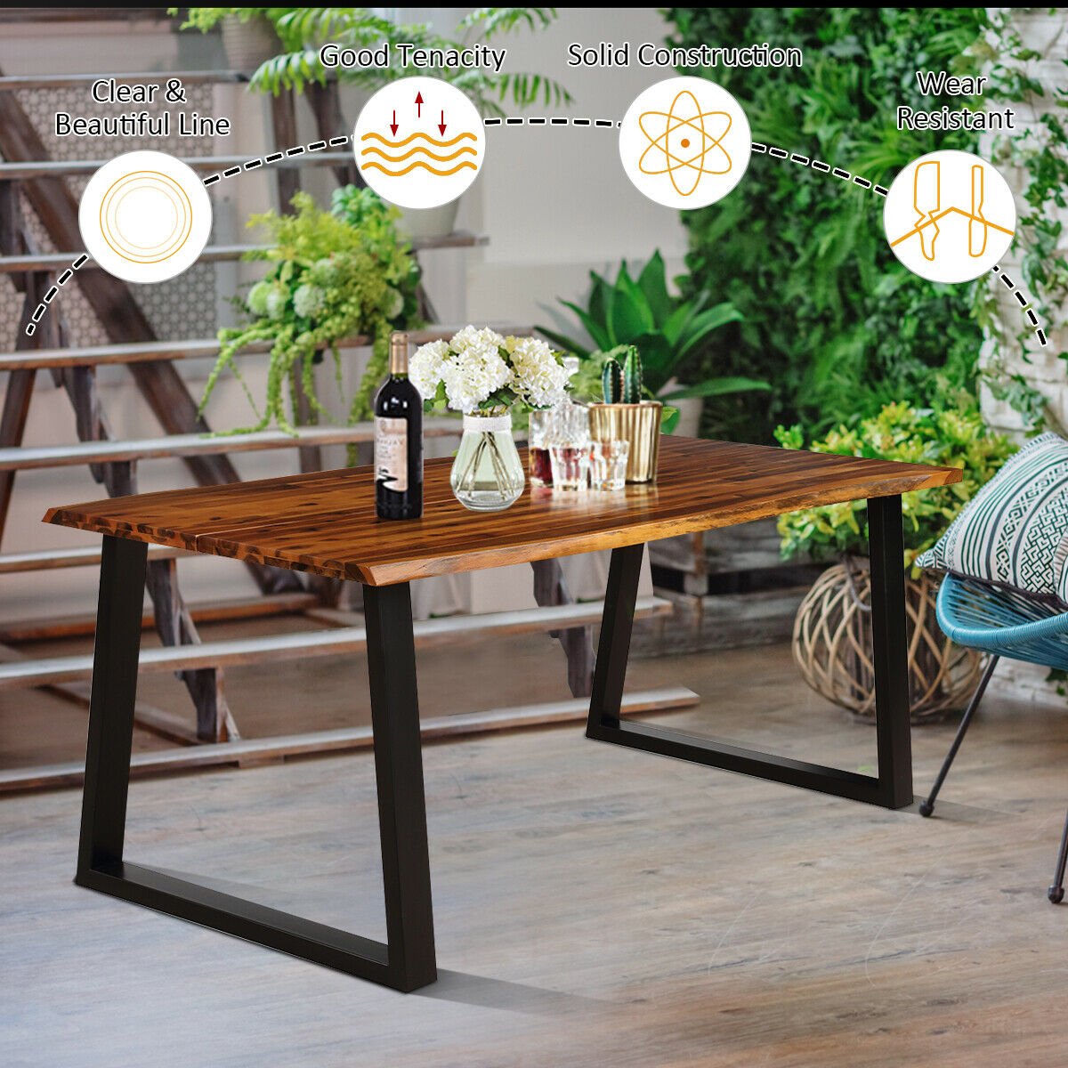 Acacia Wood Dining Table for 6 with Metal Legs