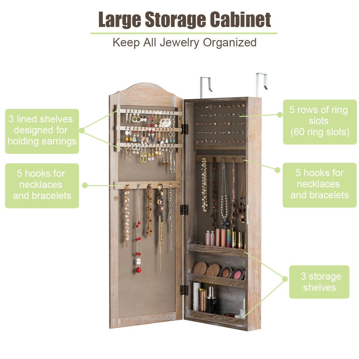 Jewelry Armoire Cabinet with Full Length Mirror for Wall and Door Mounting