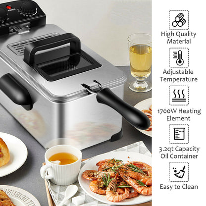 3.2 Quart Stainless Steel Electric Deep Fryer with Adjustable Timer for Perfect Frying