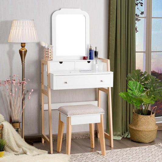 Makeup Vanity Set with Large Mirror and Upholstered Stool