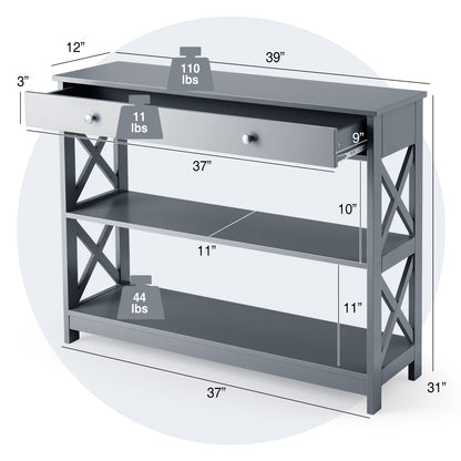 3 Tier Console Table with Drawer and Storage Shelves in Grey