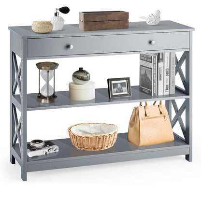 3 Tier Console Table with Drawer and Storage Shelves in Grey