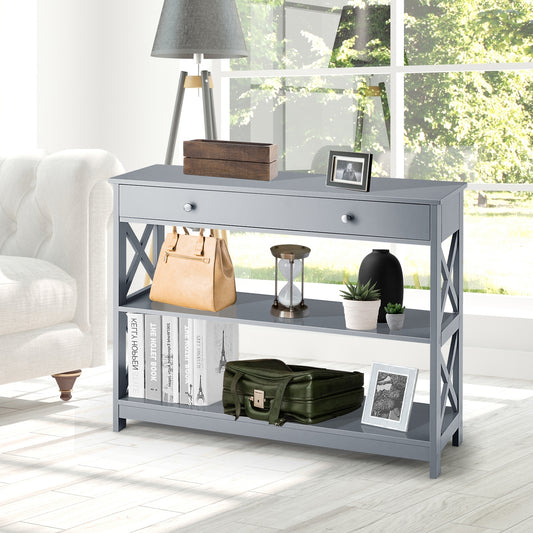 3 Tier Console Table with Drawer and Storage Shelves in Grey