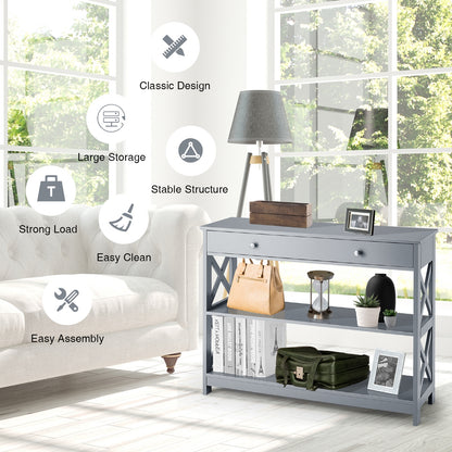 3 Tier Console Table with Drawer and Storage Shelves in Grey