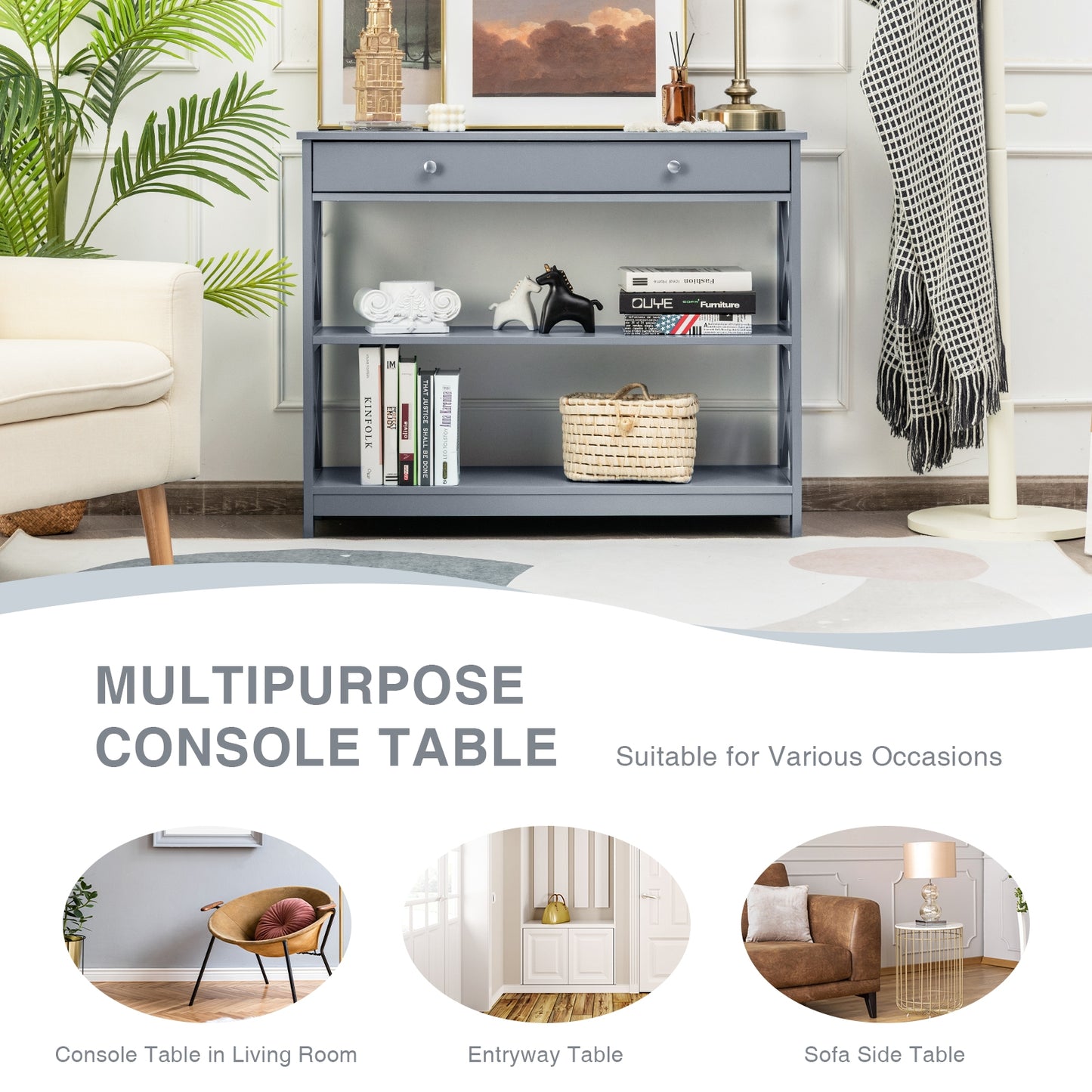 3 Tier Console Table with Drawer and Storage Shelves in Grey