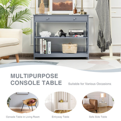 3 Tier Console Table with Drawer and Storage Shelves in Grey