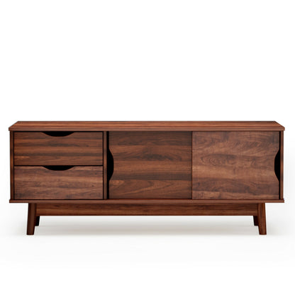 Spacious Media Console TV Stand with Sliding Doors and Drawers for TVs up to 60 Inches in Walnut