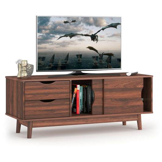 Spacious Media Console TV Stand with Sliding Doors and Drawers for TVs up to 60 Inches in Walnut