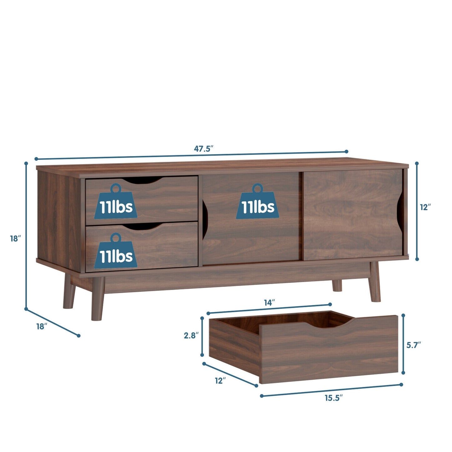 Spacious Media Console TV Stand with Sliding Doors and Drawers for TVs up to 60 Inches in Walnut