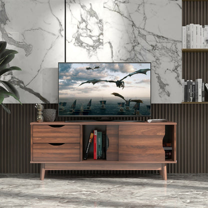 Spacious Media Console TV Stand with Sliding Doors and Drawers for TVs up to 60 Inches in Walnut