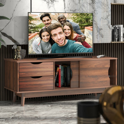 Spacious Media Console TV Stand with Sliding Doors and Drawers for TVs up to 60 Inches in Walnut