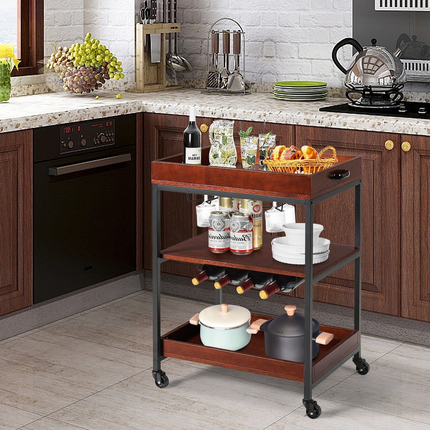 Kitchen Bar Cart with Wine Rack Glass Holder and Three Tier Storage Shelves